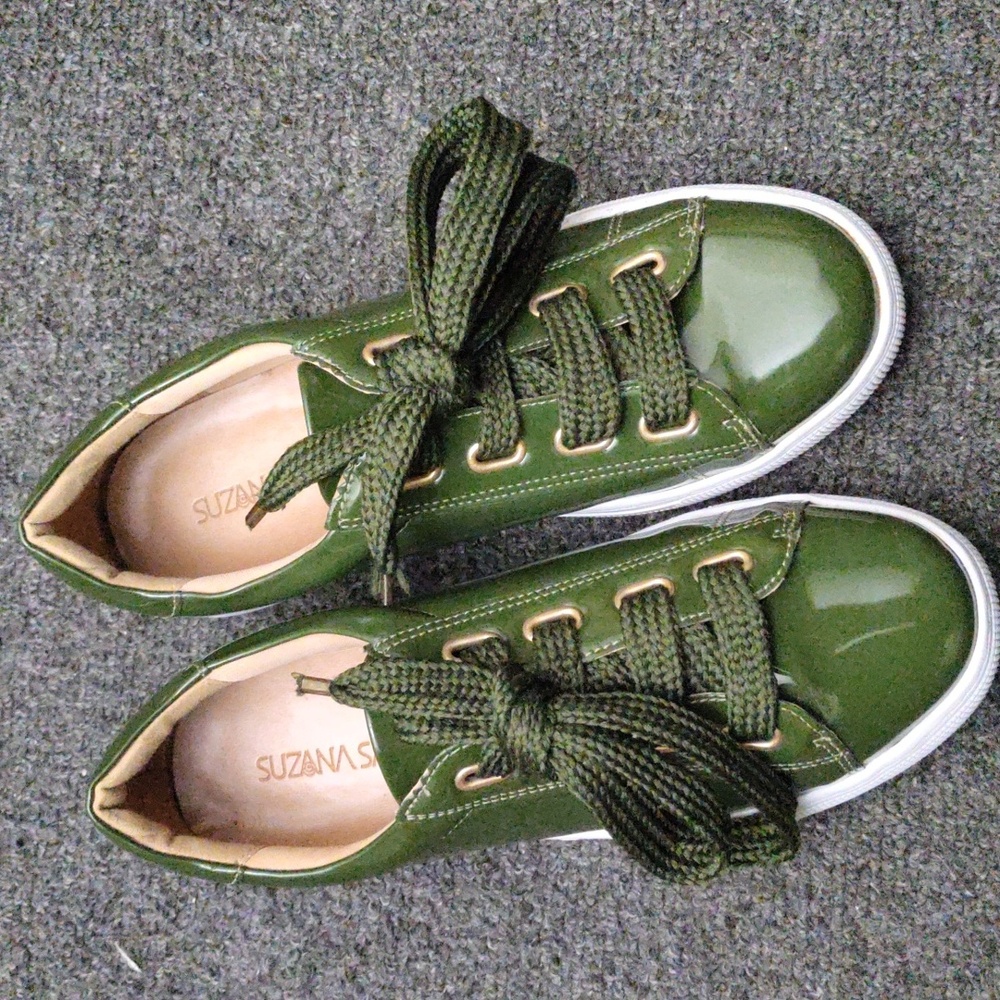 Suzana Santos Olive Green Patent Leather Lightweight Sneakers